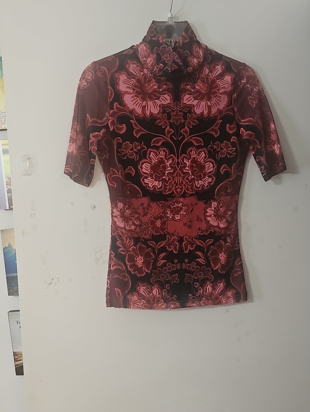 Johnny Was Burgundy and Pink Floral Mock Neck Short Sleeve Top
